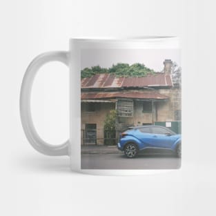 Timeless Sydney Charm: Modern Blue Car and Historic Sandstone House Mug